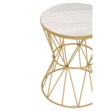 White Marble Top Side Table With Gold Iron Wireframe Base, Rabia