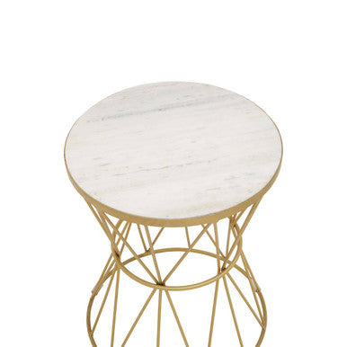 White Marble Top Side Table With Gold Iron Wireframe Base, Rabia