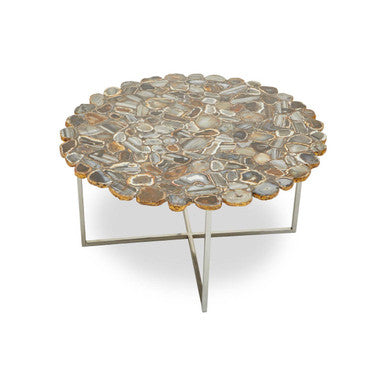 Silver & Assorted Agate Stone Top Coffee Table With Stainless Steel Cross Legs, Rabia