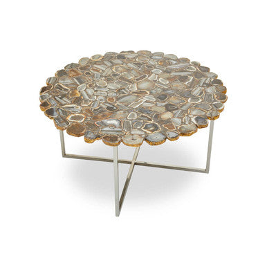 Silver & Assorted Agate Stone Top Coffee Table With Stainless Steel Cross Legs, Rabia