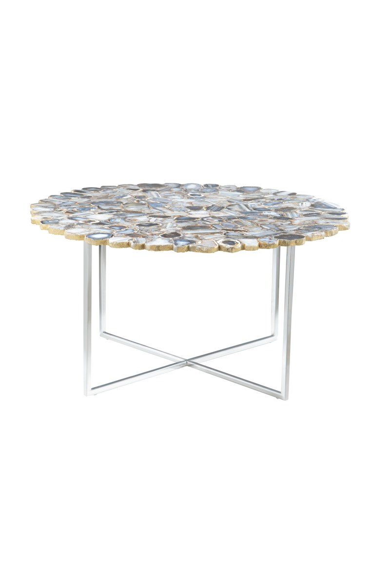 Silver & Assorted Agate Stone Top Coffee Table With Stainless Steel Cross Legs, Rabia