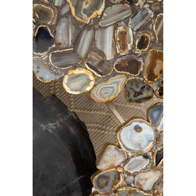 Silver & Assorted Agate Stone Top Coffee Table With Stainless Steel Cross Legs, Rabia
