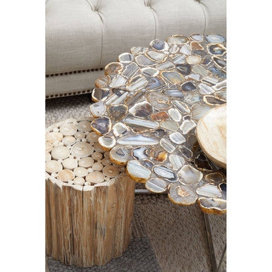 Silver & Assorted Agate Stone Top Coffee Table With Stainless Steel Cross Legs, Rabia