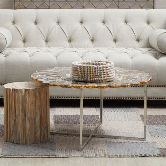 Silver & Assorted Agate Stone Top Coffee Table With Stainless Steel Cross Legs, Rabia