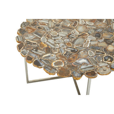 Silver & Assorted Agate Stone Top Coffee Table With Stainless Steel Cross Legs, Rabia