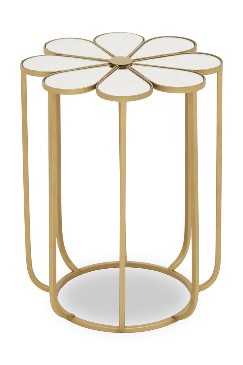 White & Gold Iron Frame Side Table With Petal Design Mirrored Top, Rabia