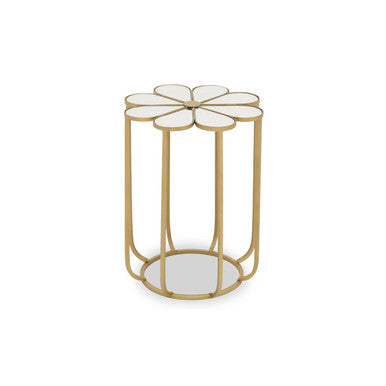 White & Gold Iron Frame Side Table With Petal Design Mirrored Top, Rabia