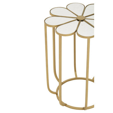White & Gold Iron Frame Side Table With Petal Design Mirrored Top, Rabia