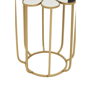 White & Gold Iron Frame Side Table With Petal Design Mirrored Top, Rabia
