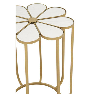 White & Gold Iron Frame Side Table With Petal Design Mirrored Top, Rabia