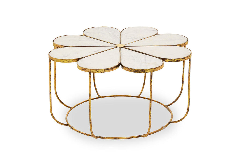 White Polished Marble Top Coffee Table With Petal Design Openwork Base, Rabia
