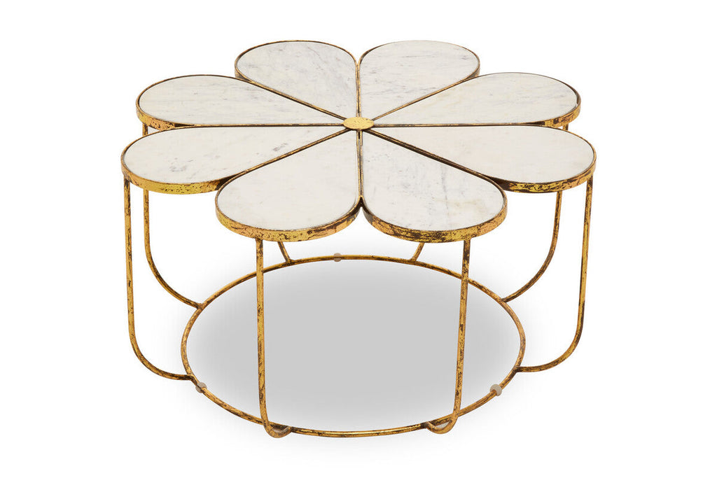 White Polished Marble Top Coffee Table With Petal Design Openwork Base, Rabia