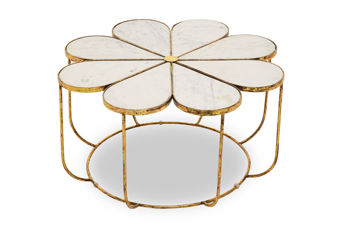 White Polished Marble Top Coffee Table With Petal Design Openwork Base, Rabia