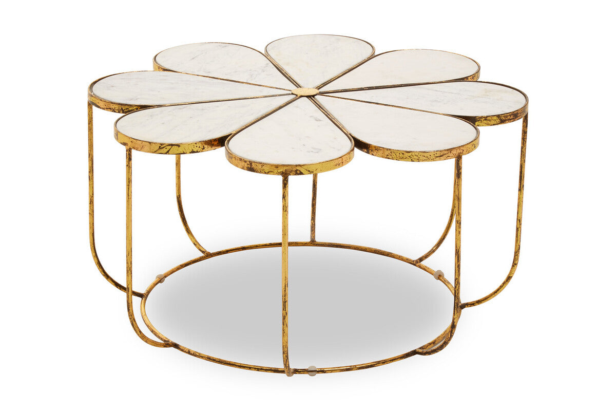 White Polished Marble Top Coffee Table With Petal Design Openwork Base, Rabia