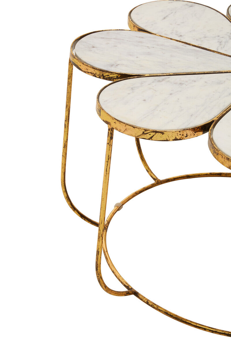 White Polished Marble Top Coffee Table With Petal Design Openwork Base, Rabia