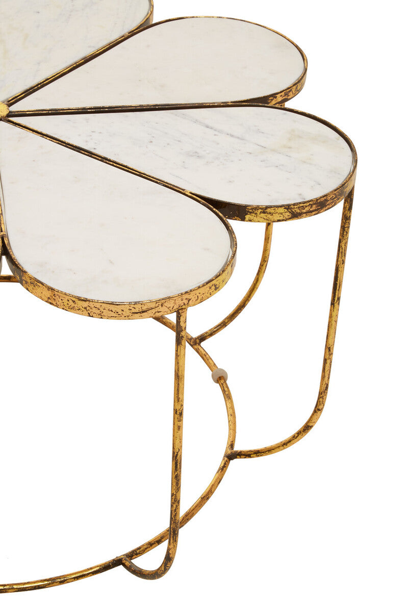 White Polished Marble Top Coffee Table With Petal Design Openwork Base, Rabia