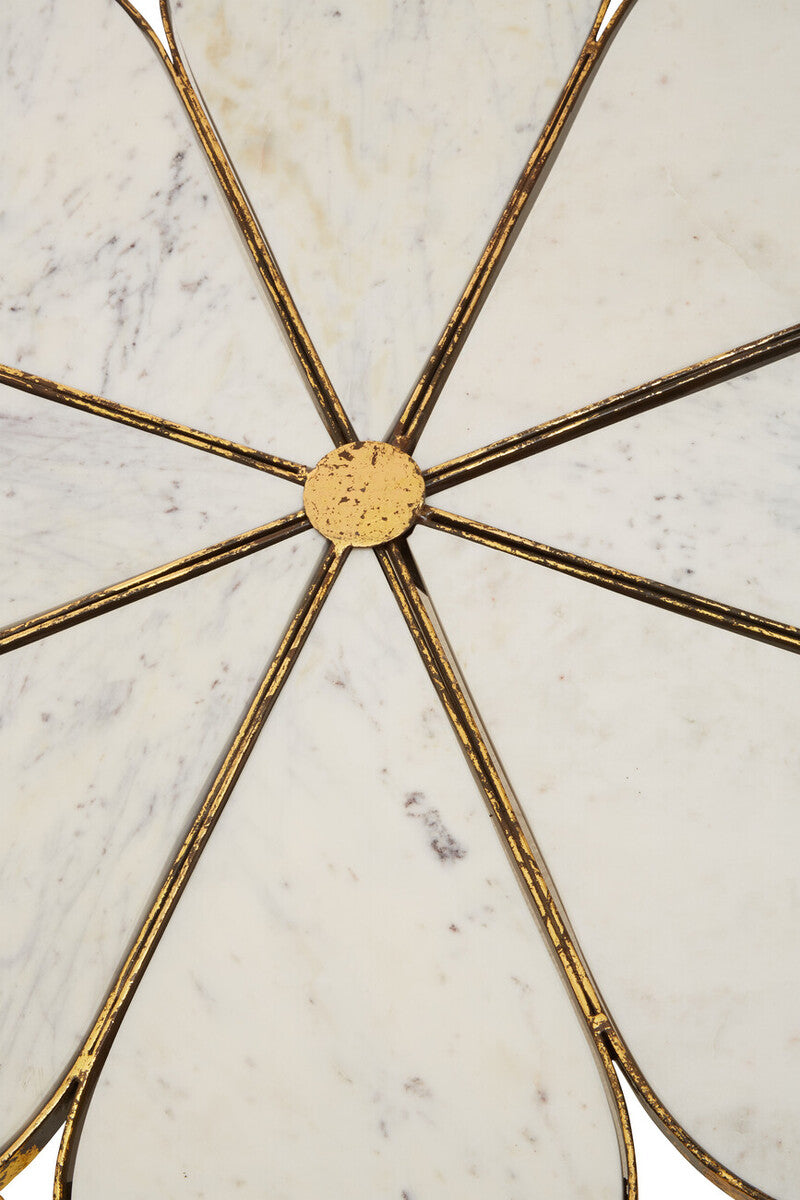 White Polished Marble Top Coffee Table With Petal Design Openwork Base, Rabia