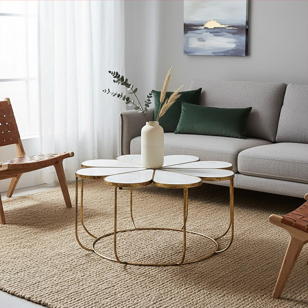 White Polished Marble Top Coffee Table With Petal Design Openwork Base, Rabia