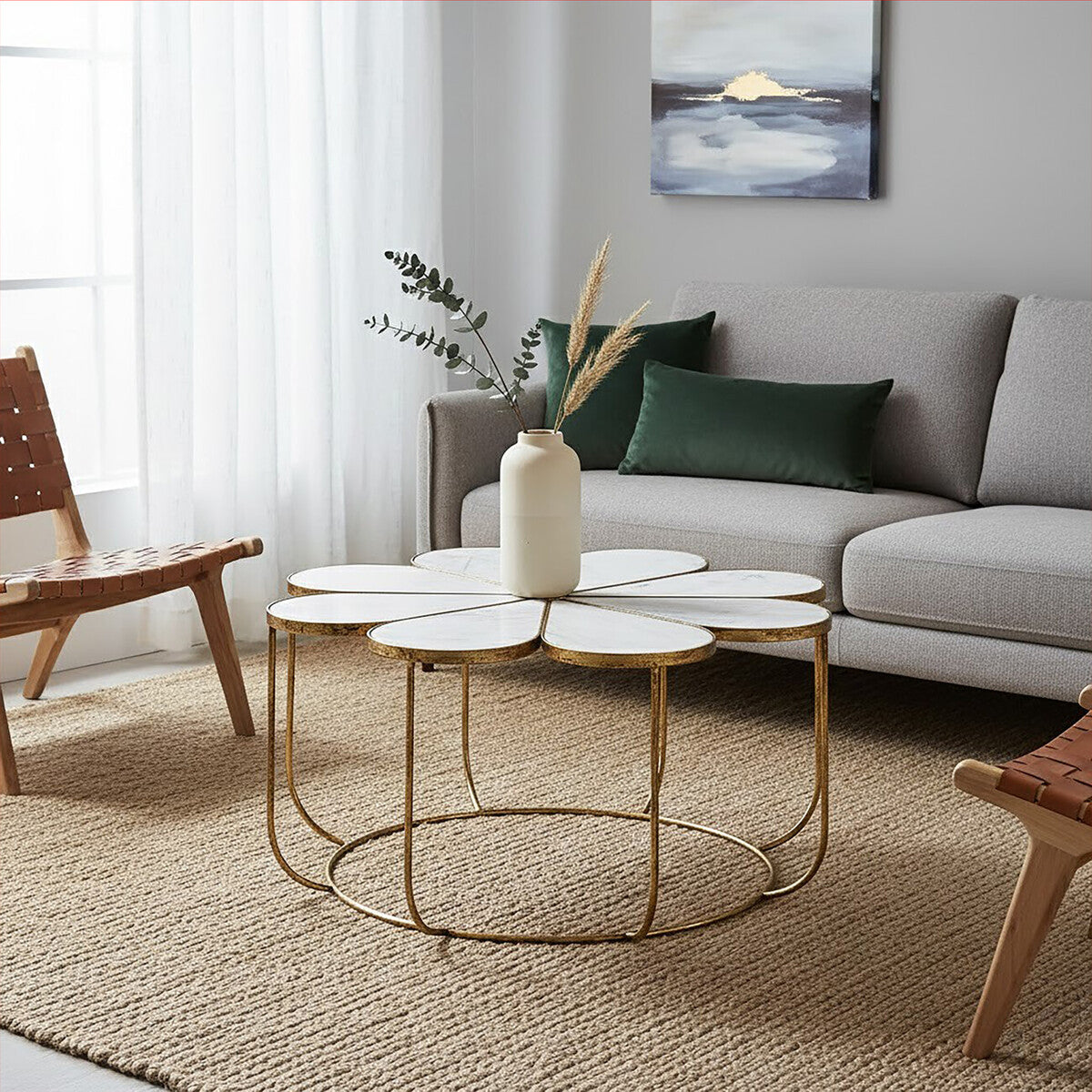 White Polished Marble Top Coffee Table With Petal Design Openwork Base, Rabia