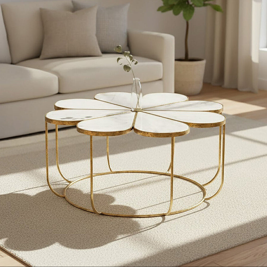 White Polished Marble Top Coffee Table With Petal Design Openwork Base, Rabia