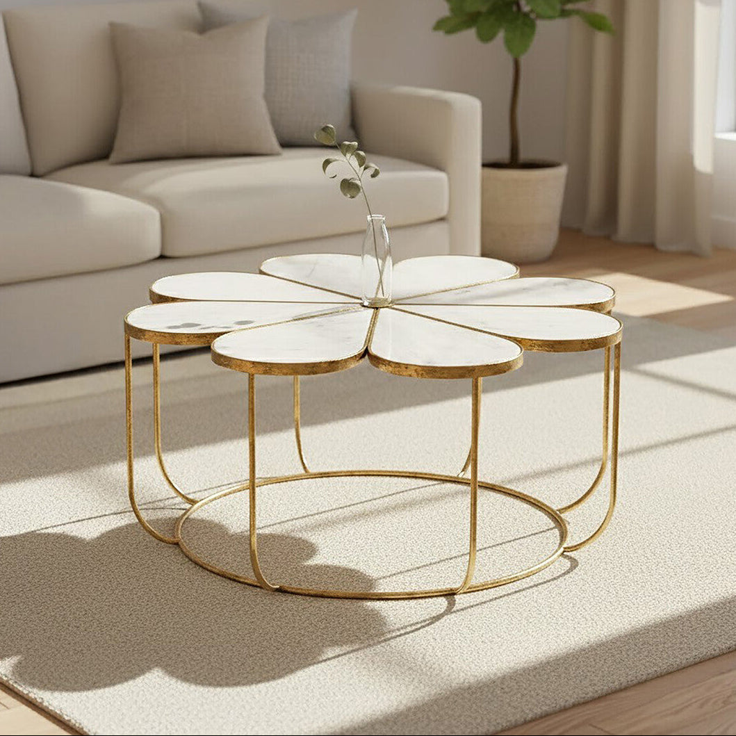 White Polished Marble Top Coffee Table With Petal Design Openwork Base, Rabia