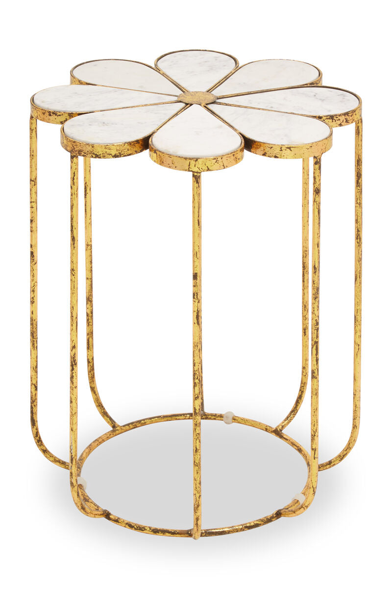 White Polished Marble Top Side Table With Petal Design Openwork Base, Rabia