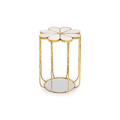 White Polished Marble Top Side Table With Petal Design Openwork Base, Rabia