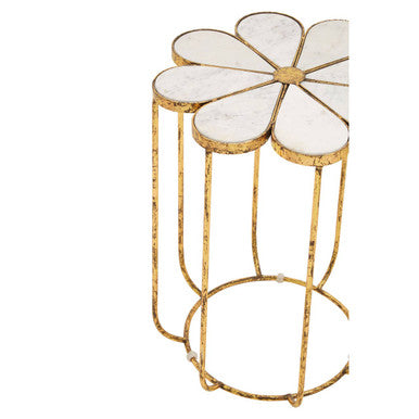 White Polished Marble Top Side Table With Petal Design Openwork Base, Rabia