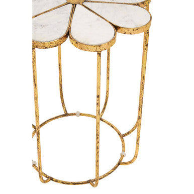 White Polished Marble Top Side Table With Petal Design Openwork Base, Rabia