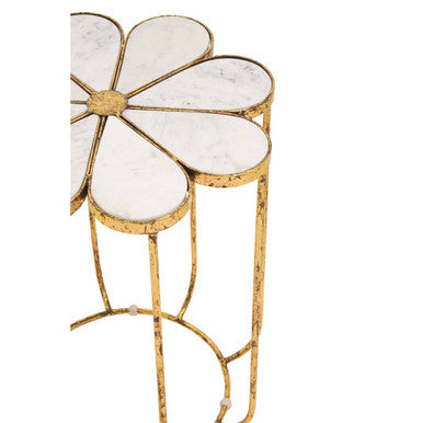 White Polished Marble Top Side Table With Petal Design Openwork Base, Rabia