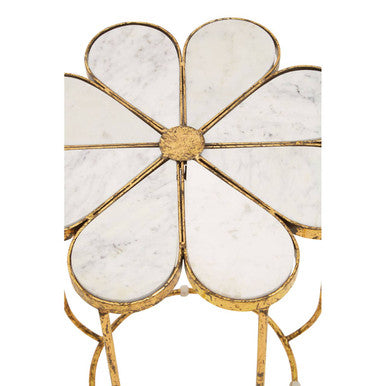 White Polished Marble Top Side Table With Petal Design Openwork Base, Rabia