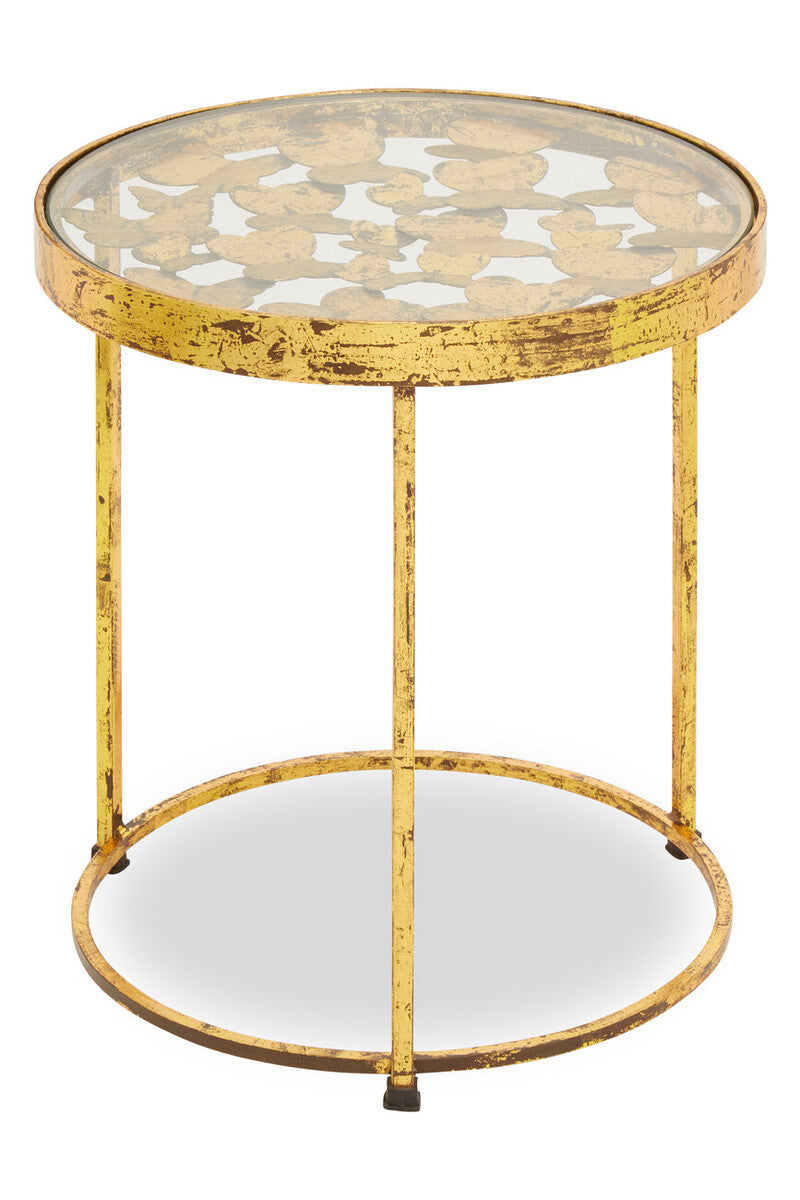 Butterfly Design Clear Glass Top Side Table With Gold Wireframe Base, Rabia
