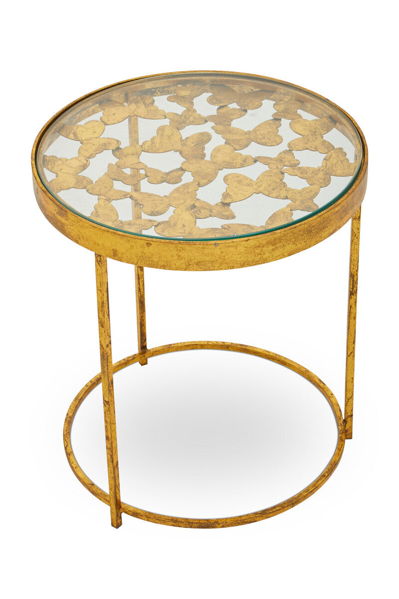 Butterfly Design Clear Glass Top Side Table With Gold Wireframe Base, Rabia
