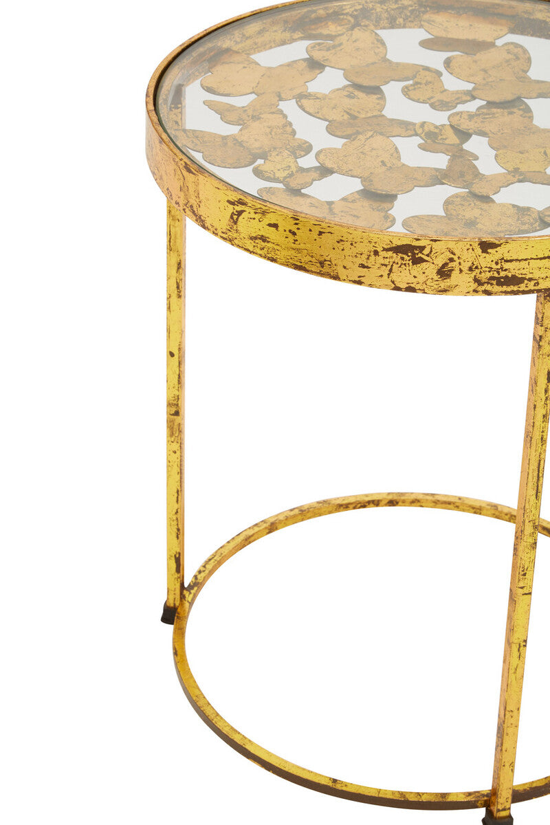 Butterfly Design Clear Glass Top Side Table With Gold Wireframe Base, Rabia