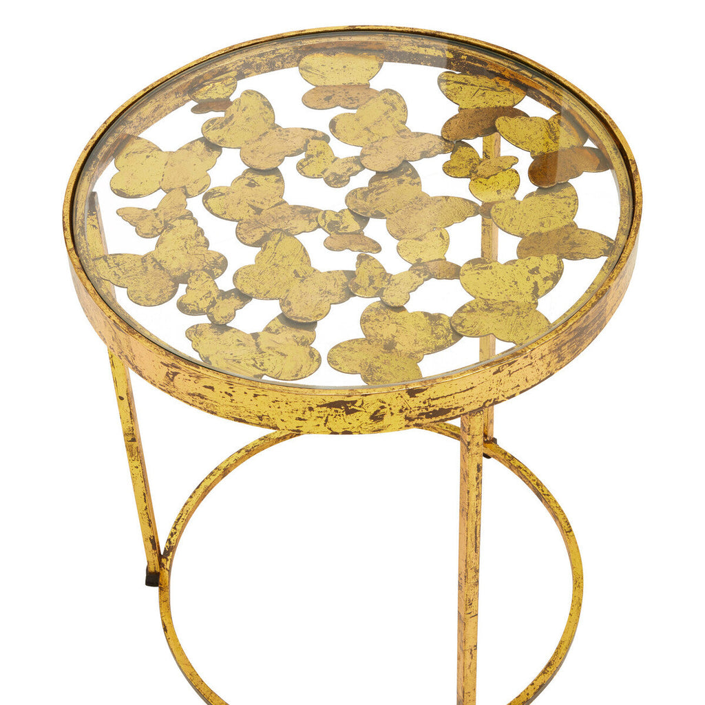 Butterfly Design Clear Glass Top Side Table With Gold Wireframe Base, Rabia