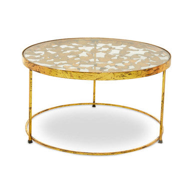 Butterfly Design Clear Glass Top Coffee Table With Gold Wireframe Base, Rabia