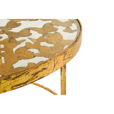 Butterfly Design Clear Glass Top Coffee Table With Gold Wireframe Base, Rabia