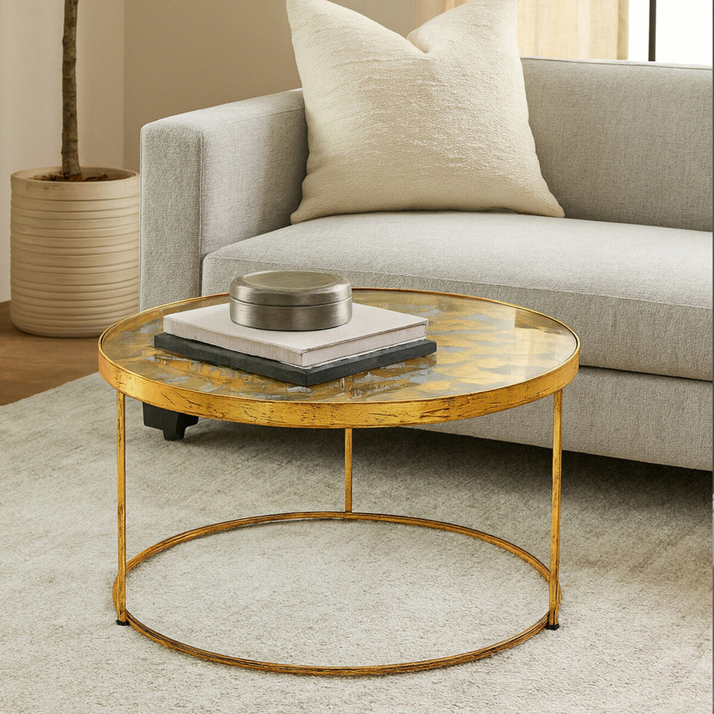 Butterfly Design Clear Glass Top Coffee Table With Gold Wireframe Base, Rabia