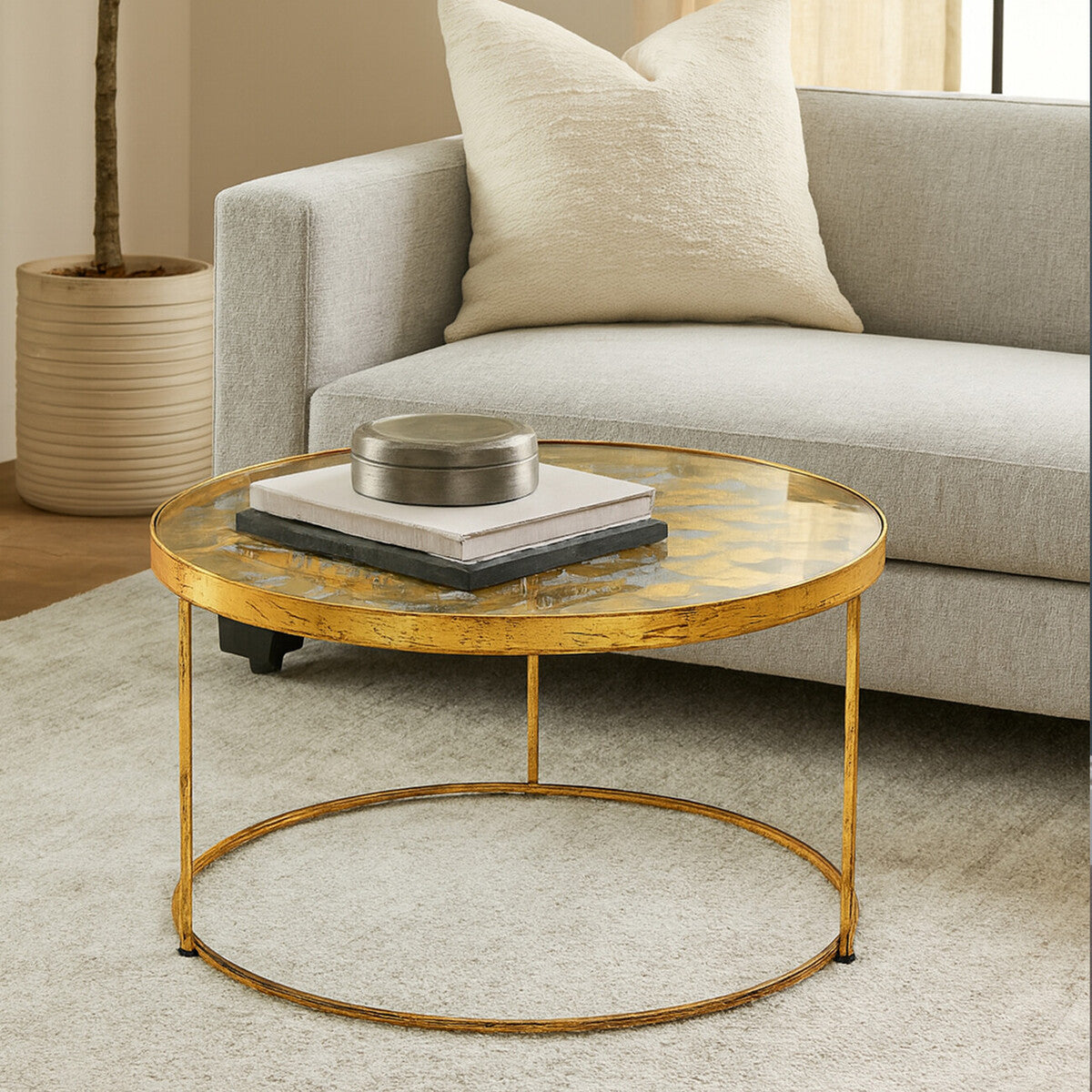 Butterfly Design Clear Glass Top Coffee Table With Gold Wireframe Base, Rabia