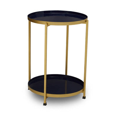 Blue Enamel Metal Two-Tier Side Table With Brass Frame, Rabia