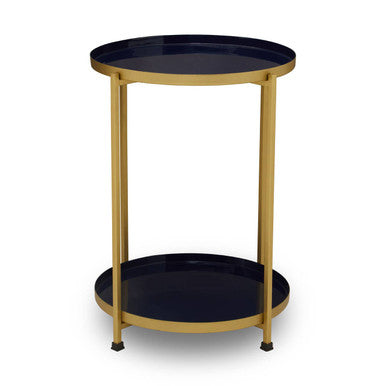 Blue Enamel Metal Two-Tier Side Table With Brass Frame, Rabia