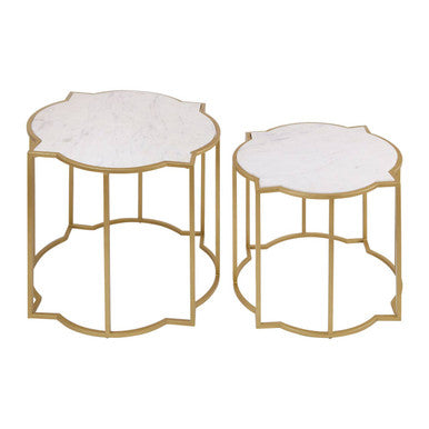 White Marble Quatrefoil Top Set Of 2 Side Table With Brass Frames, Rabia