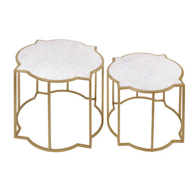 White Marble Quatrefoil Top Set Of 2 Side Table With Brass Frames, Rabia