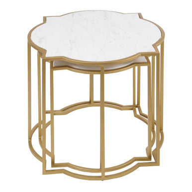 White Marble Quatrefoil Top Set Of 2 Side Table With Brass Frames, Rabia