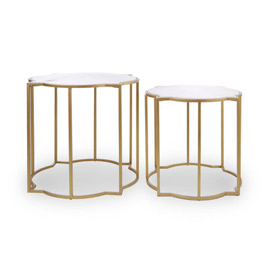 White Marble Quatrefoil Top Set Of 2 Side Table With Brass Frames, Rabia