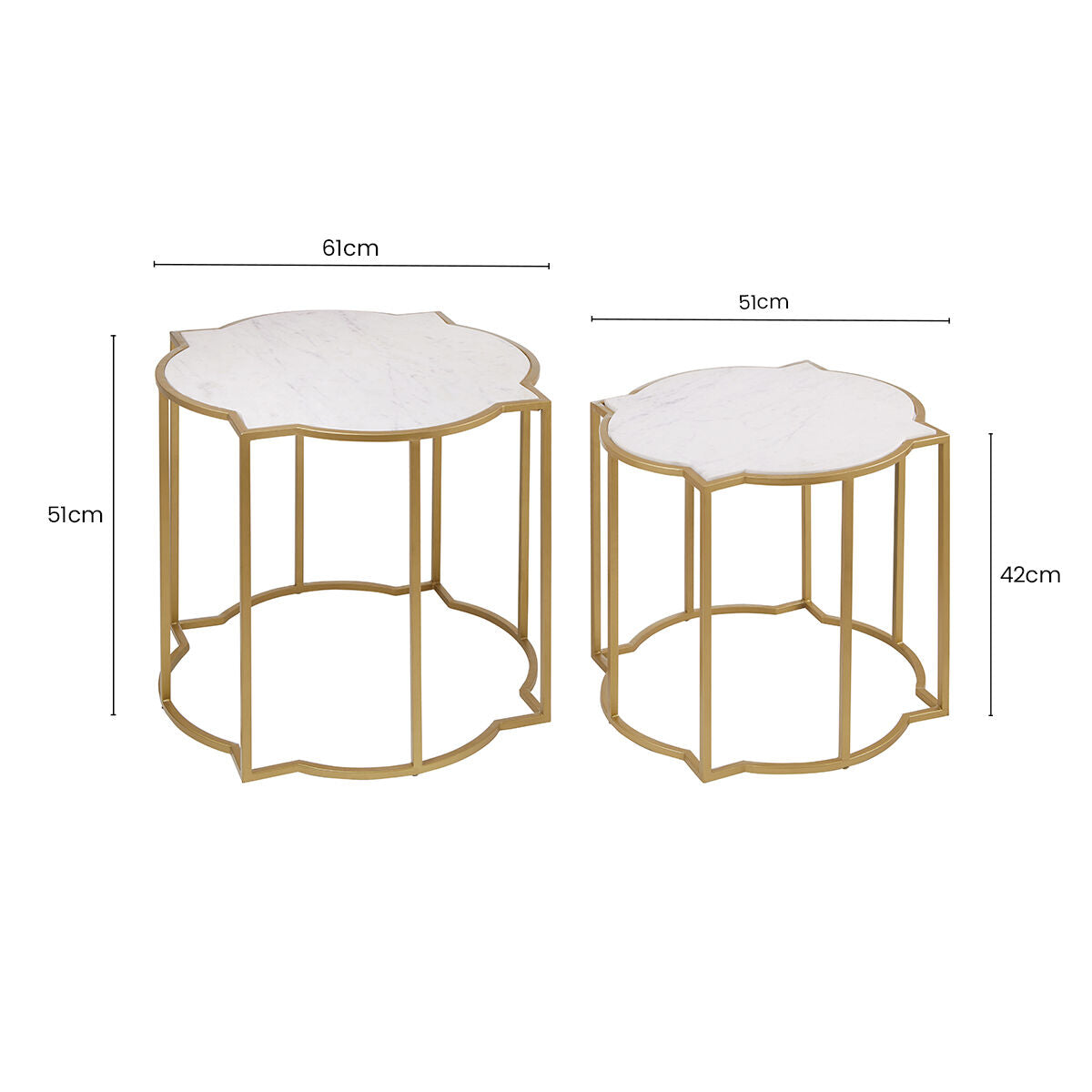 White Marble Quatrefoil Top Set Of 2 Side Table With Brass Frames, Rabia