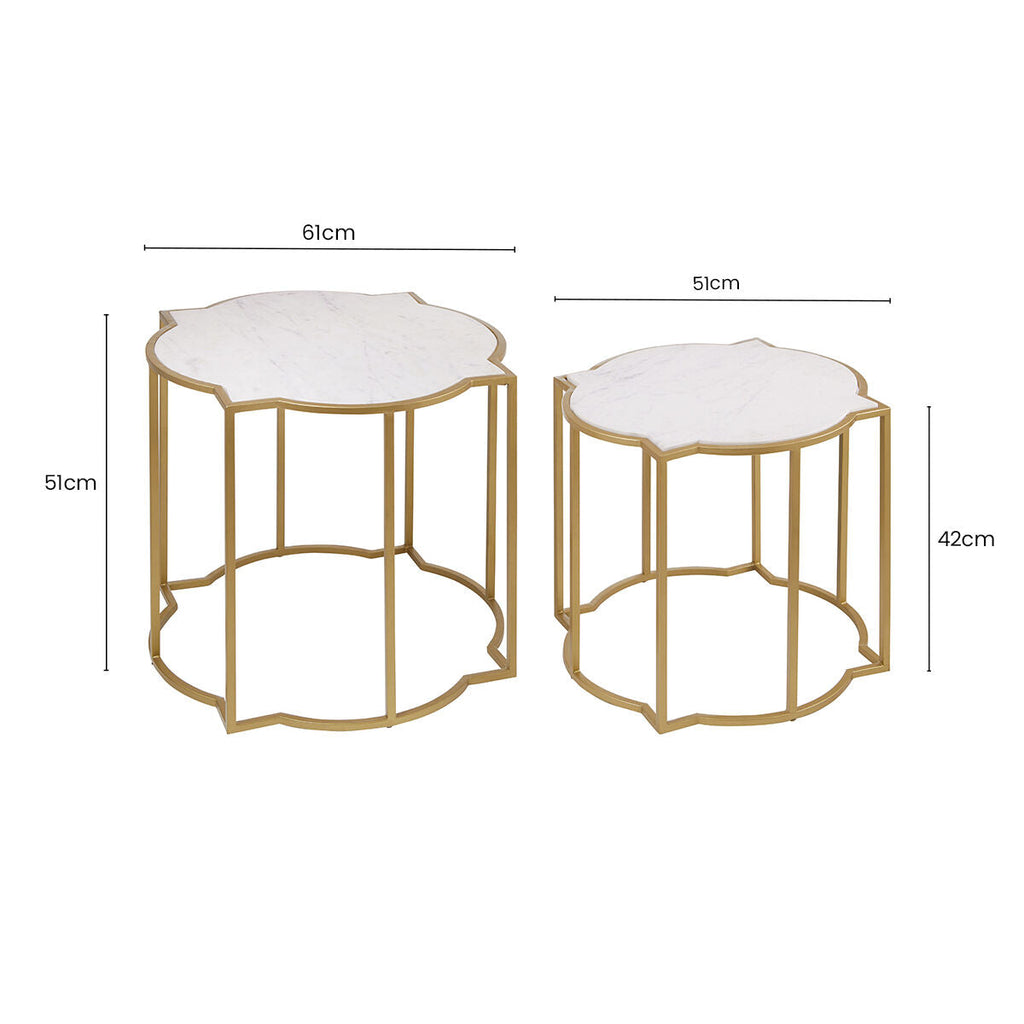 White Marble Quatrefoil Top Set Of 2 Side Table With Brass Frames, Rabia