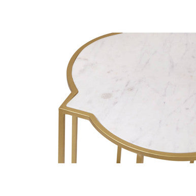 White Marble Quatrefoil Top Set Of 2 Side Table With Brass Frames, Rabia