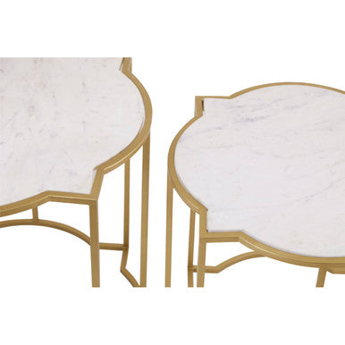 White Marble Quatrefoil Top Set Of 2 Side Table With Brass Frames, Rabia