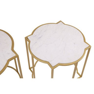 White Marble Quatrefoil Top Set Of 2 Side Table With Brass Frames, Rabia